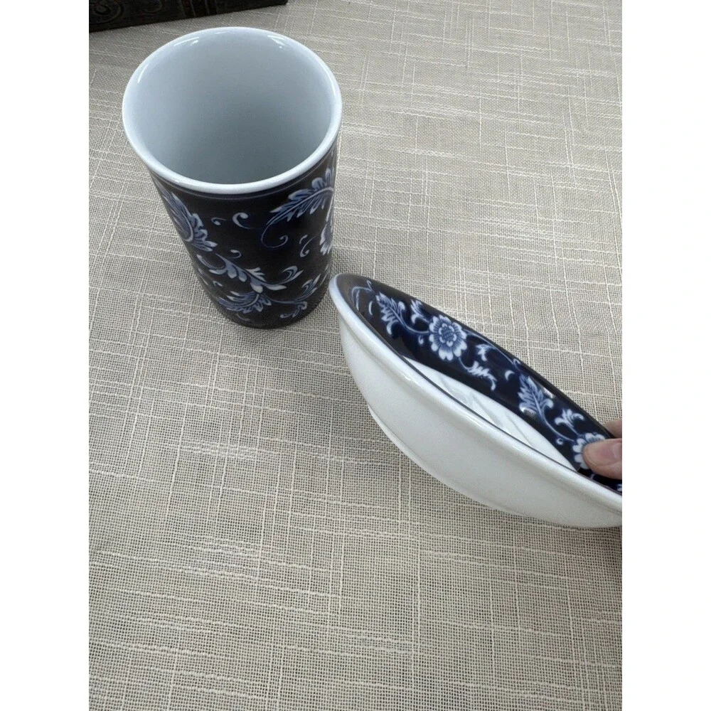 Pier 1 Imports Mandarin Cobalt Blue & White Soap Dish and Cup Toothbrush Holder